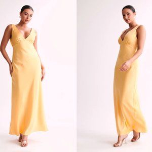 Yellow Maxi Satin Dress With Back Cowl - Lemon